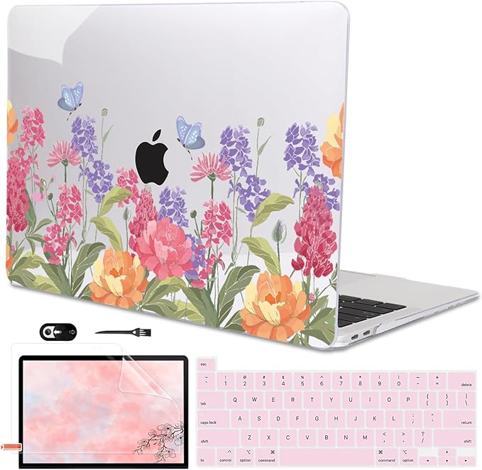 for MacBook Pro 13 Inch Case 2022 2021 2020 Release A2338 M2 M1 A2251 A2289, Plastic Hard Shell Case for MacBook Pro 13.3 inch with Touch Bar & Touch ID, Pink & Purple Flowers