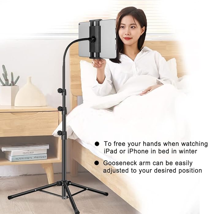 Ipad Tripod Stand, Gooseneck 65" Height Adjustable Floor Stand with 360° Rotating iPad Tripod Mount for iPhone,iPad pro,Kindle and All 4.5-12.9 Inch Tablet and Phone