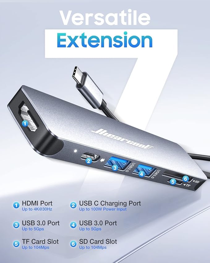 Hiearcool USB C Hub, USB-C Multi-Port Adapter for MacBook Pro, 7IN1 USBC to HDMI Hub Dongle Compatible for Laptops and Other Type C Devices (4K HDMI USB3.0 SD/TF Card Reader 100W PD)