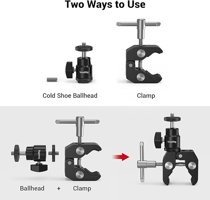 SmallRig Super Clamp Mount with Mini Ball Head Mount, Hot Shoe Adapter with 1/4 Screw for LCD Field Monitor, LED Lights, Flash, Microphone, for Gopro, for DJI Action 2, for Insta360