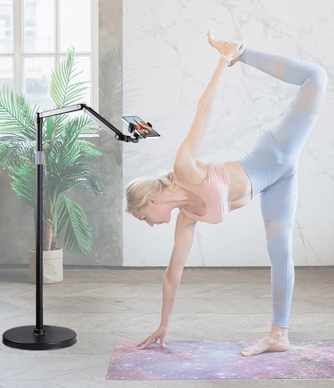 Phone Floor Stand for Recording Cell Phone Holder for Bed, Adjustable Tall Stand with Ultra-Long Extension Arm, 360° Swivel, Compatible with iPhone Samsung and More