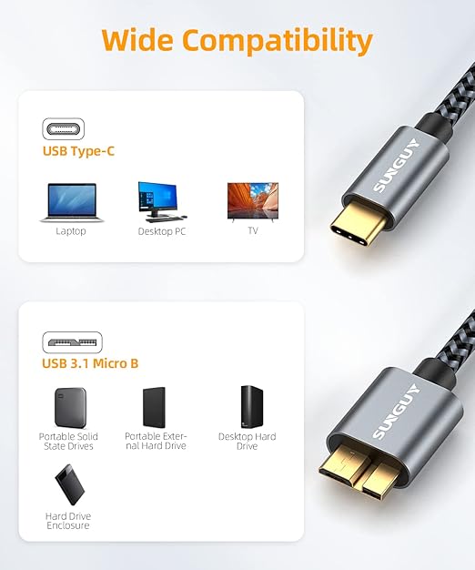 SUNGUY 5Pack 10Gbps Micro B to USB C Hard Drive Cable 1FT, USB 3.1 USB C to Micro B Cable, High-Speed External Hard Drive USBC Cord for iPhone 15, MacBook Pro/Air, WD Toshiba Westgate Seagate