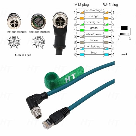 M12 GigE Ethernet Network Cable CAT7e for Cognex Baumer Sensor Barcode Reader Camera Network PC Switch, Right Angle 90-Degree 8 Pin X-Coded to RJ45 50M