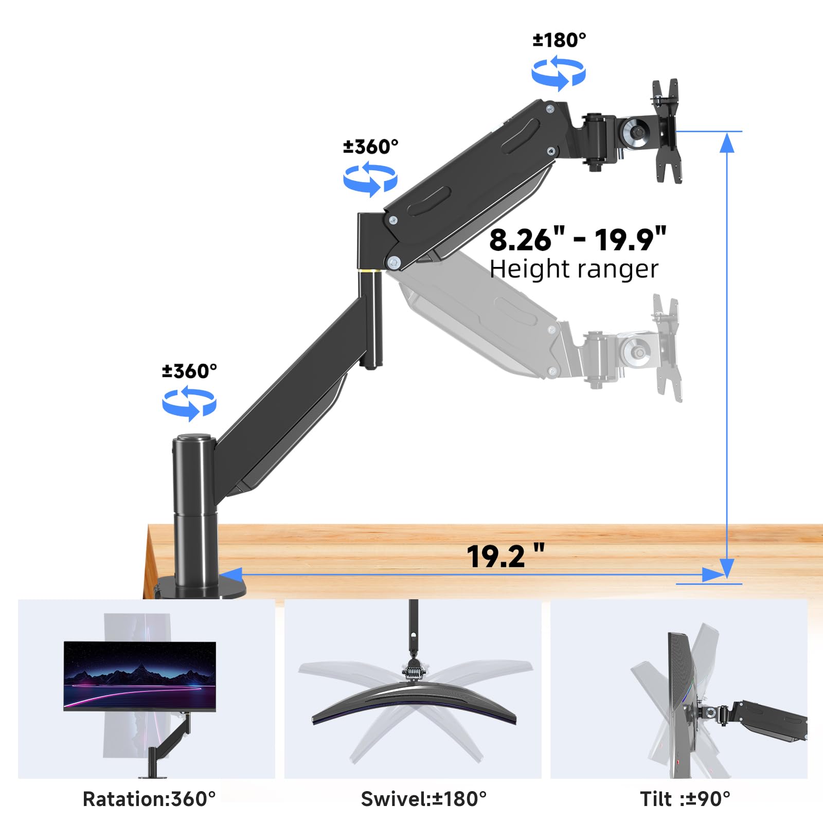 Pholiten Premium Aluminum Heavy Duty Monitor Arm, Ultrawide Monitor Mount with Clamp/Grommet Mounting Base, Adjuastable Gas Spring Arm for up to 49 inchs and 46.2lbs, Black