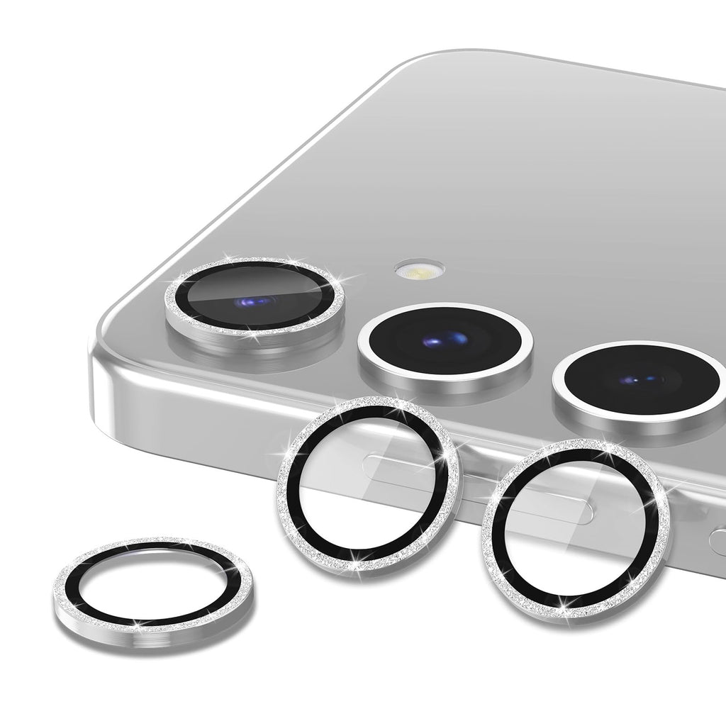 Avocase for Samsung Galaxy S25 Camera Lens Protector, Individual Metal Ring Tempered Glass Lens Cover, [Strong Adsorption] Scratch Resistant Ultra-Thin HD Clear Lens Cover, 1 Set-Silvery Sparkly