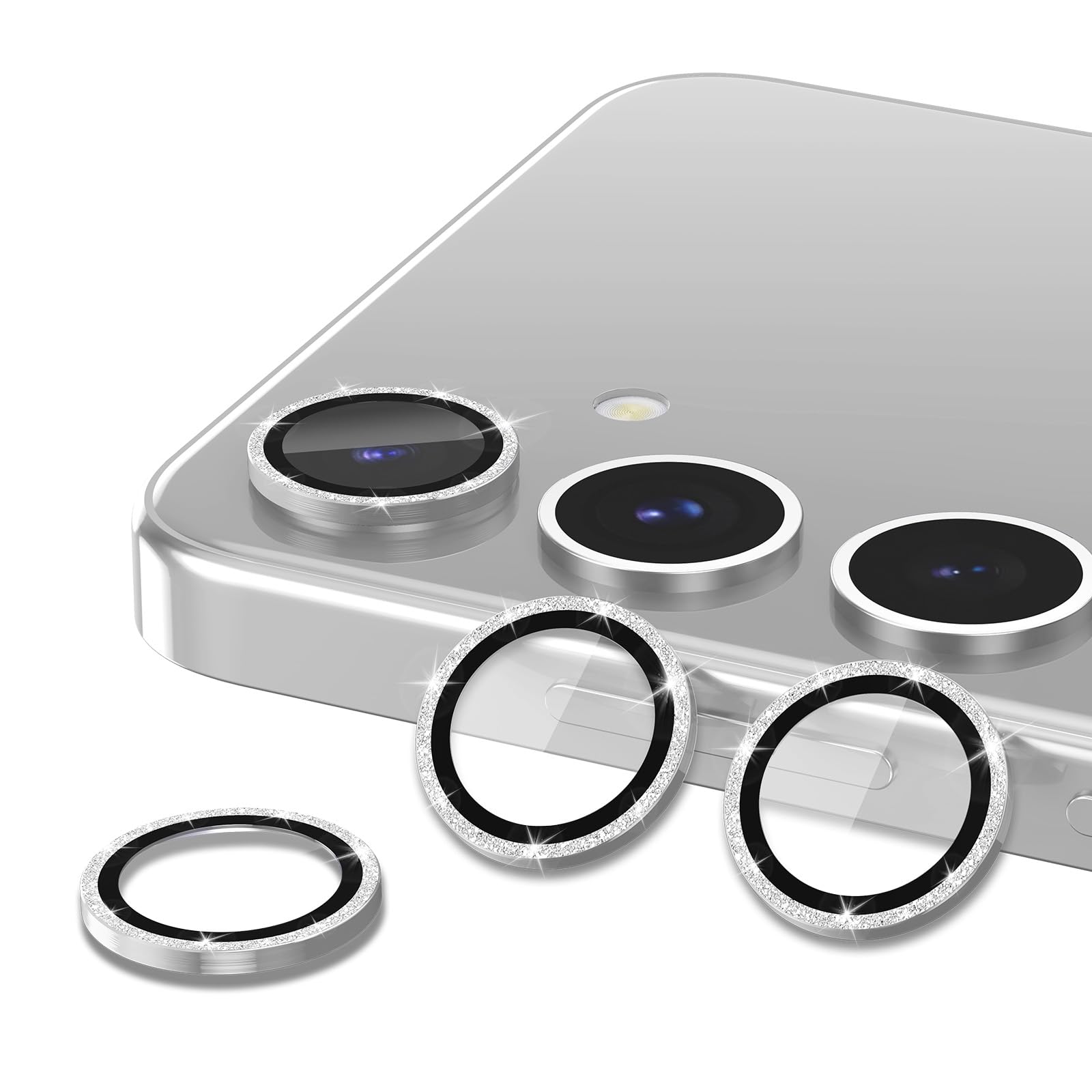Avocase for Samsung Galaxy S25 Camera Lens Protector, Individual Metal Ring Tempered Glass Lens Cover, [Strong Adsorption] Scratch Resistant Ultra-Thin HD Clear Lens Cover, 1 Set-Silvery Sparkly