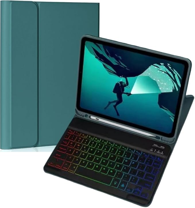 Keyboard Case for Galaxy Tab S10 Plus/S9 Plus/S9 FE Plus/S8 Plus/S7 Plus/S7 FE 12.4 Inch, 7 Color Rainbow Backlight Detachable Magnetic Keyboard Cover with S Pen Holder,Teal