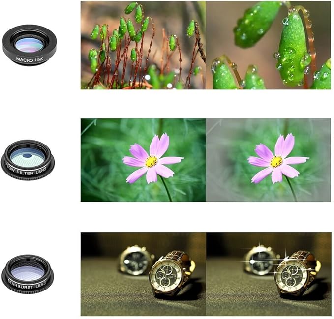 Cell Phone Camera Lens Kit,11 in 1 Super Wide Angle+ Macro+ Fisheye Lens +Telephoto+ CPL+3/6 Kaleidoscope+Starburst/Radial/Soft/Flow Filter Lens Compatible for iPhone X/8/7/6s/6 Plus, Samsung,Android
