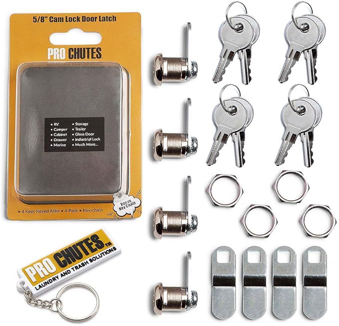 Cabinet Cam Lock - 5/8" Pack of 4 Cabinet Locks with Keys for RVs, Drawer Lock Including 4 Cylinder Round Face Tool Box Locks, 4 Straight & 4 Offset Cams, 4 Alike Keys with Bonus Key Chain