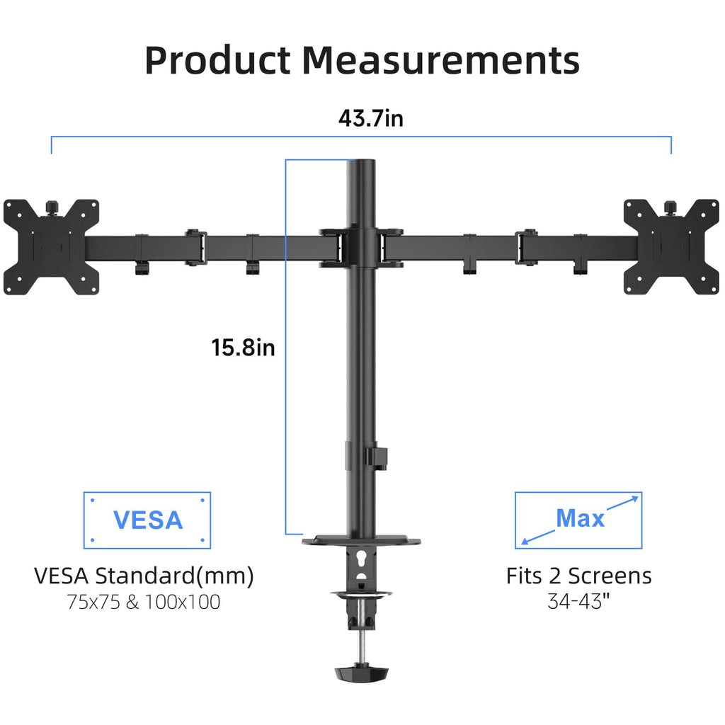 Suptek Dual Monitor Desk Mount, Adjustable Dual Monitor Arm for 2 Monitor Screens up to 43 inch, 15.75" Pole Monitor Stand for Desk, Holds up to 22 lbs, Black(MD9442LB)