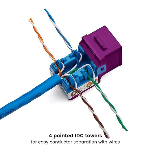 trueCABLE Cat5e Keystone Jack, Unshielded (UTP), 90 Degree Punch-Down, PoE++ (4PPoE) 100W, UL Listed, ETL Verified, ANSI/TIA Certified, Modular RJ45 Female, Purple, 12 Pack