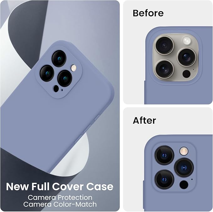 FireNova Designed for iPhone 15 Pro Max Case, Silicone Upgraded [Camera Protection] Phone Case with [2 Screen Protectors], Soft Anti-Scratch Microfiber Lining Inside, 6.7 inch, Lavender Gray