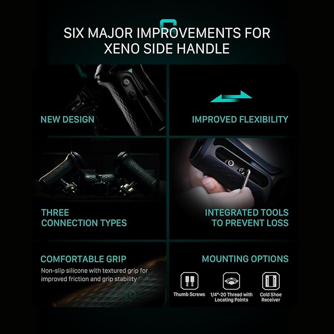 Tilta Xeno Side Handle for Filmmakers & Cameras - Black | Secure Connection & Helps Prevent Rotation | Adjustable Height | Textured Silicone Grip | Convenient Assembly (Dual 1/4″-20)