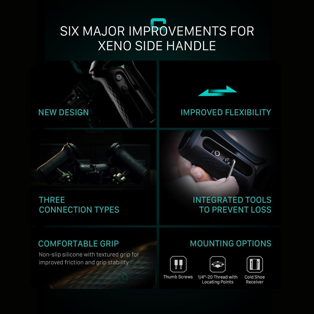 Tilta Xeno Side Handle for Filmmakers & Cameras - Titanium Gray | Secure Connection & Helps Prevent Rotation | Adjustable Height | Textured Silicone Grip | Easy Assembly (1/4″-20 w/Locating Pins)