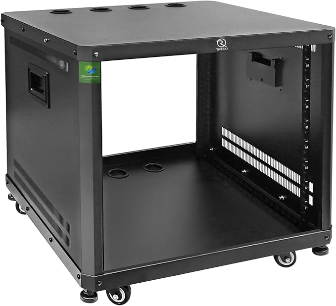 RIVECO 9U Network & Audio Rack with Feet & Wheels, Obtuse Angel Server Rack Cabinet, Rolling Studio Rack Case with Adjustable Depth Rails for 19" Stereo Recording & IT Equipment Mounting 1PCS