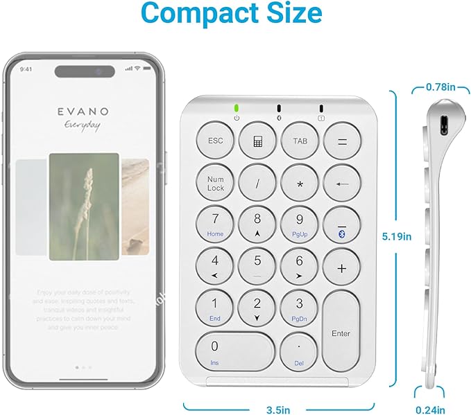 iClever Number Pad, KP08 Bluetooth Number Pad, Ultra Slim and Lightweight, USB-C Charge, Number Pad for Laptop, iPad, Mac, iMac, Tablet, PC Desktop
