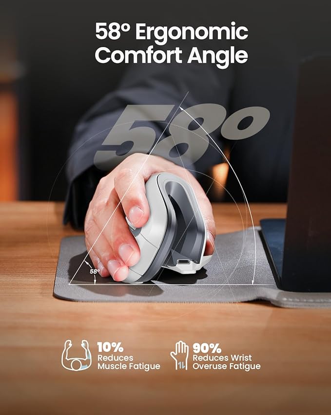 ProtoArc Ergonomic Vertical Mouse, EM11 NL Rechargeable Wireless Mouse Bluetooth, Ergo Mice with 3 Multi-Device for PC/Notebook/Laptop, 2.4GHz Optical Mice for Windows, Mac OS, White