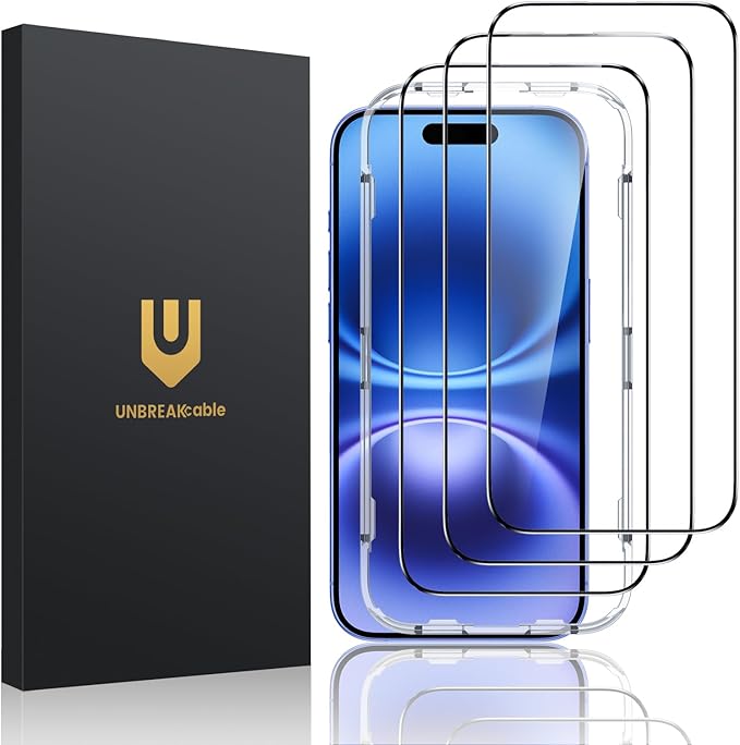 UNBREAKcable 3-Pack Screen Protector for iPhone 16/15, Shatterproof Tempered Glass [Easy Installation Frame] [99.99% HD Clear] [Case Friendly] [9H Hardness] [Full Coverage] for Apple 6.1 inch