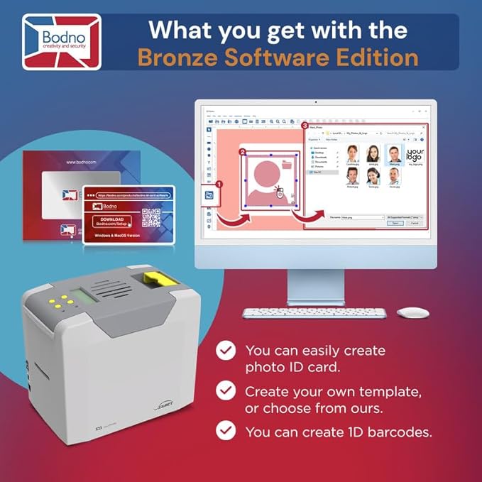 Bodno Seaory S25 Single Sided ID Card Printer & Complete Supplies Package ID Software - Bronze Edition