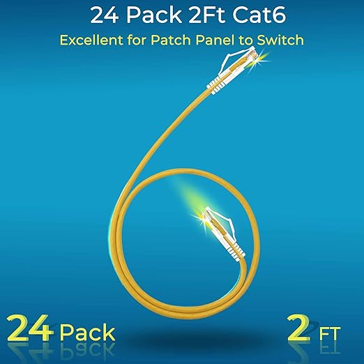 Rapink Patch Cables Cat6/ Cat6a 2ft (24 Pack) Slim, Cat6a Ethernet Patch Cable 20G Support, Snagless Cat 6 Patch Cable for Patch Panel to Switch, Flexiable Cat6 Ethernet Cable Yellow