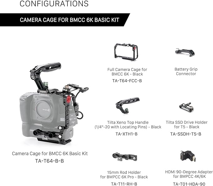 Tilta Basic Kit for BMCC 6K | Includes Full Camera Cage, SSD Holder & Xeno Top Handle | Cold Shoe/Arri Rosette/NATO Rail | Black | TA-T64-B-B