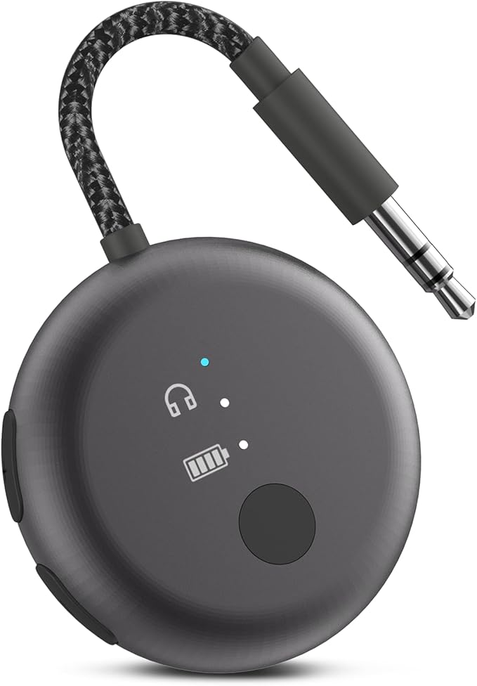 Avantree SoundJet R1 – Airplane Bluetooth Adapter for Headphones & AirPods, aptX Adaptive, Qualcomm Chipset, 20H Battery, Wireless Audio Transmitter for in-Flight Travel Essentials - Metallic Black