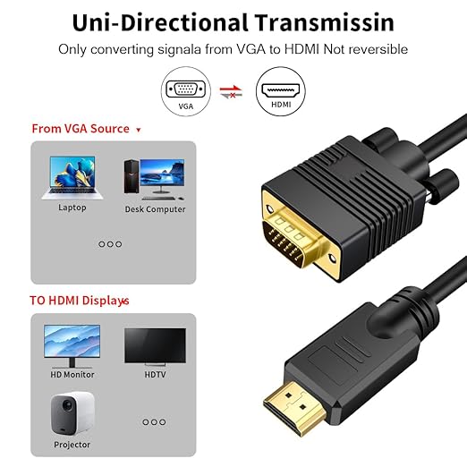 VGA (Sources) to HDMI(Display) Cable 10ft with Audio, VGA to HDMI Adapter Cable Compatible Well Witch Computer/Projector/Laptop to Monitor/TV