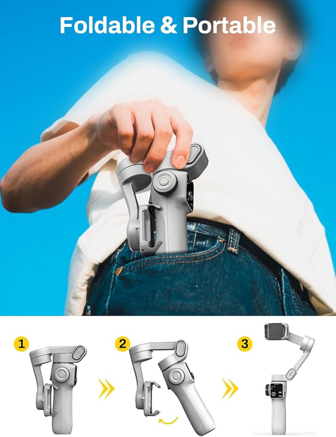 Gimbal Stabilizer for iPhone & Android, 3-Axis Phone Gimbal with OLED Screen, 7.8" Extendable Rod, Face & Gesture Tracking, Ideal for Vlogging, Travel & Video Recording-Smart V8 White