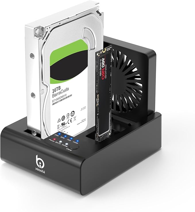 M.2 NVMe & SATA HDD Docking Station,10Gbps USB3.2 Gen2 SSD Cloner for M.2 NVMe SSD + SATA 2.5”/3.5” HDD Converter, Offline Cloning, Tool-Free, Cooling Fan
