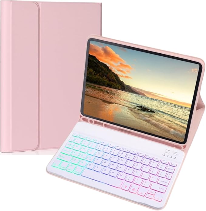 Keyboard Case for Galaxy Tab A9+/A9 Plus 11 Inch 2023, Slim Lightweight 7 Color Rainbow Backlight Detachable Magnetic Bluetooth Keyboard Cover with S Pen Holder,Pink