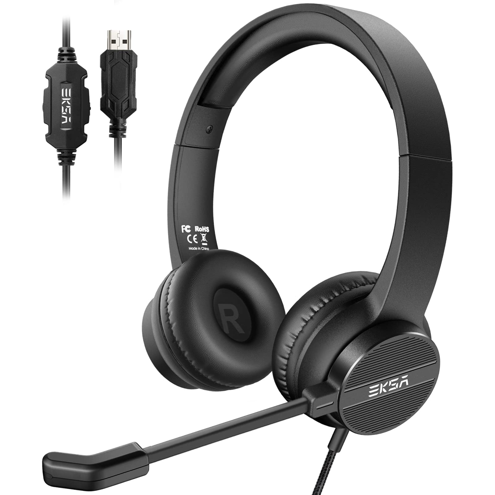 USB Headset with Microphone for PC Laptop, Wired Computer Headset Environmental Noise Canceling Headphones with Mic Mute & Volume Control, On Ear Lightweight Comfort for Work, Office/Call Center/Skype