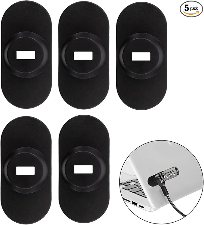 5Pack Anti Theft Self-Adhesive Security Plate with Slot for Cables to Lock Down Laptops, Mac Book, Tablets, iPad, or Other Computer (Black)
