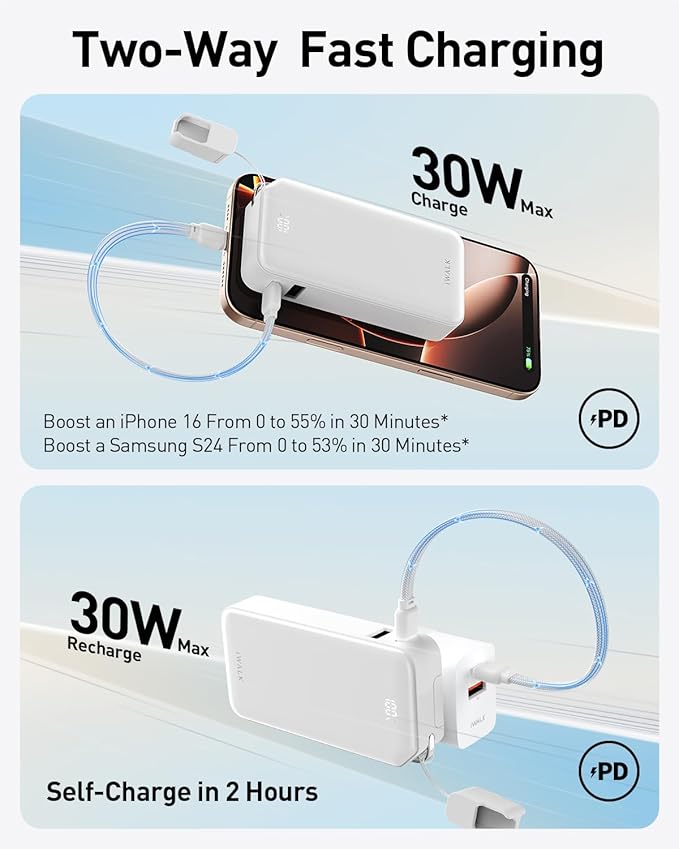 iWALK Portable Charger, Ultra Small 10,000mAh 30W PD Power Bank, USB C in&Out Fast Charging Battery Pack with Stand, Travel Essential Phone Powerbank for iPhone 16/15 Pro Max, Samsung S25/S24 Series