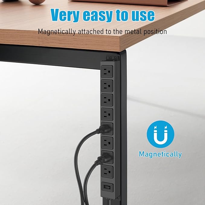 HHSOET Magnetic Mount Power Strip, 8 Outlet Mountable Socket, Metal Heavy Duty Surge Protector, Gaming Table Outlet, Easy to Fix Without Drilling or Taping, 6FT Extension Cord.(Black)