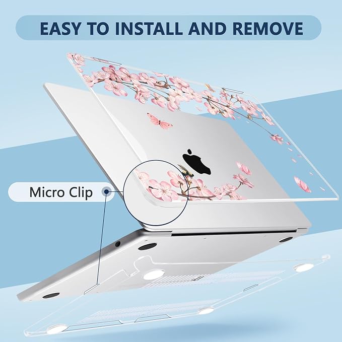 Compatible with MacBook Air 13.6 inch Case, M4 A3240/M3 A3113/M2 A2681 (Released 2025 to 2022), Hard Shell, Keyboard Cover, Screen Protector, Webcam Cover & Type-C Adapter, Butterflies Sakura