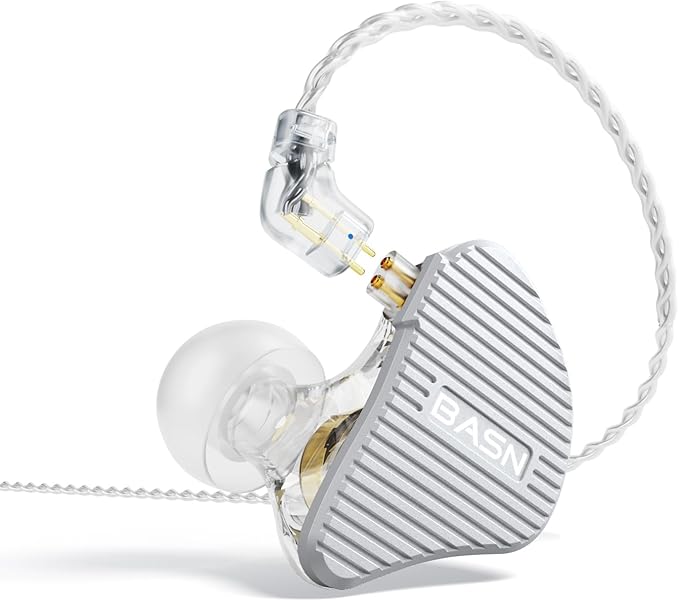 BASN Mix-PD in Ear Monitor,1Planar Driver + 1Dynamic Driver HiFi IEM Earphones with CNC Crafted Metal Cover, Wired 0.78mm 2-Pin Silver Plated Detachable Cable for Musicians (Silver)