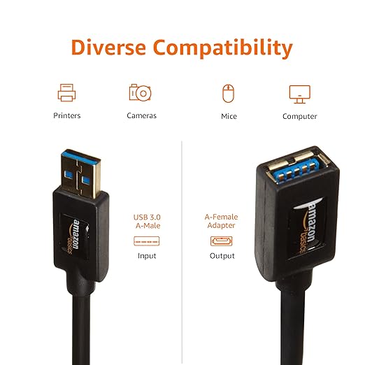 Amazon Basics USB-A 3.0 Extension Cable, 4.8Gbps High-Speed, Male to Female Gold-Plated Connectors, 6.5 Foot, Black