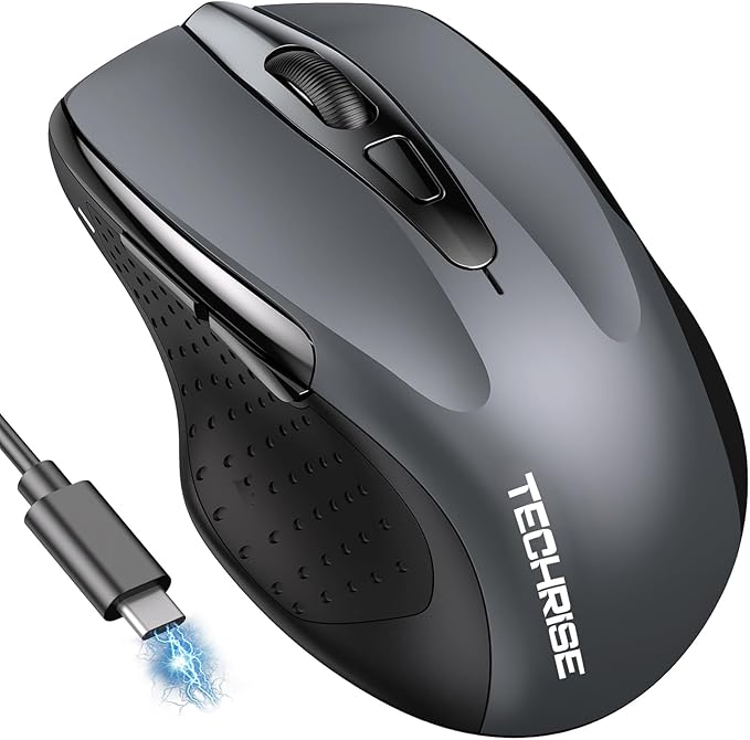 Bluetooth Mouse (BT5.0/3.0 & 2.4G) Rechargeable Wireless Mouse, 4800 DPI Optical Tracking, 6 Adjustable DPI, 2.4GHz with USB A Receiver, Quiet Clicks, Ergonomic Grips, 6 Buttons - Grey