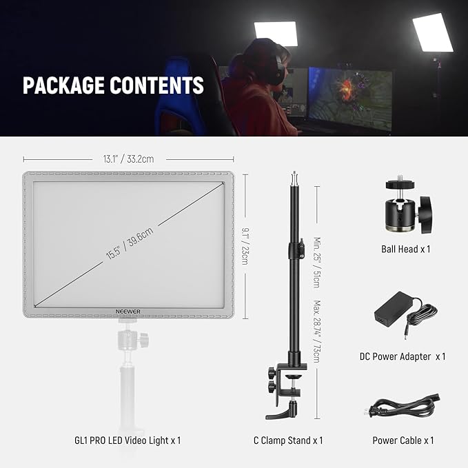 NEEWER GL1 PRO 15.5" Key Light Streaming Light, Video Light with 2.4G PC/Mac iOS/Android APP Control, 2800LM LED Panel Light with Desk Clamp Compatible with Elgato Stream Deck for Gaming Zoom, Silver