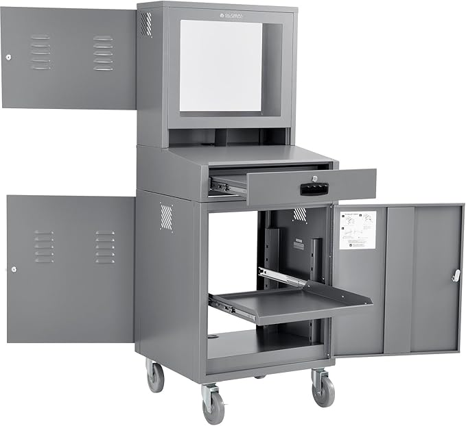 Global Industrial Mobile Security LCD Computer Cabinet Enclosure for 24" Diagonal Monitors, Steel Construction, Gray Powder Coat Finish, 24-1/2"W x 22-1/2"D x 62-3/4"H