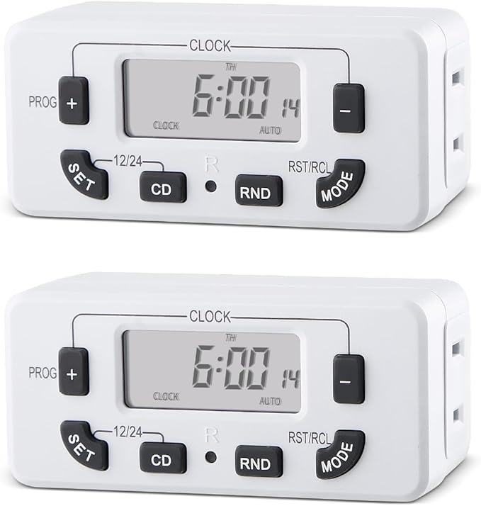 7 Day Programmable Digital Timer Outlet, Indoor Timer with Single Plug-in, Suitable for Lamp, Fan, Aquarium, 15A 1/2HP, 2 Pack