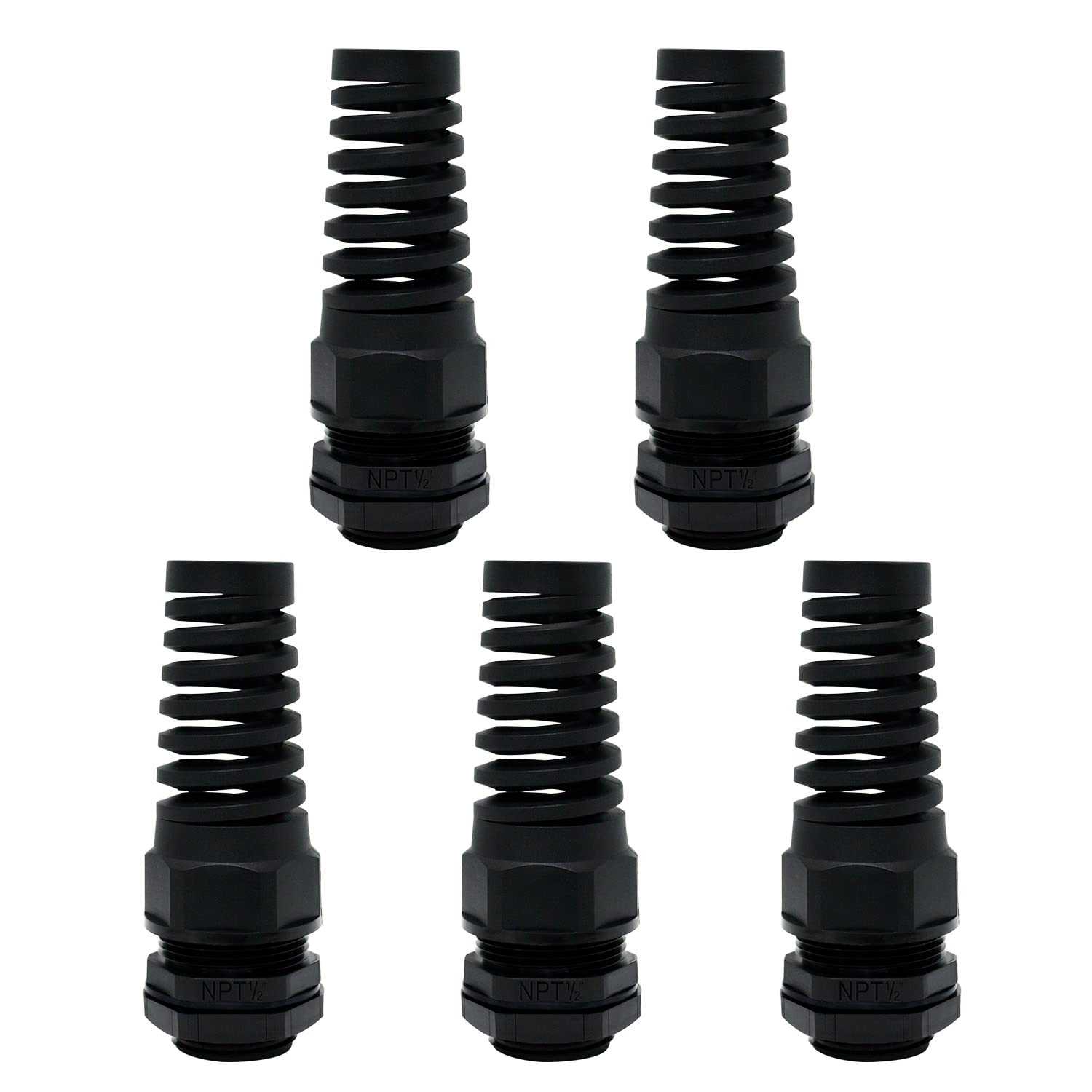 LeMotech 5Pcs NPT 1/2" IP68 Waterproof Cable Gland Flex Spiral Strain Relief Black Nylon Joint with Gaskets for 6-12mm Wire Thread