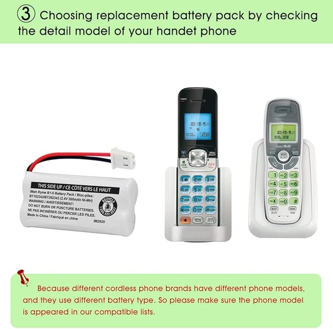 iMah BT162342/BT262342 2.4V 300mAh Ni-MH Cordless Phone Battery Pack, Also Compatible with BT183342/BT283342 AT&T EL52351 TL90070 VTech CS5119 DS6511 DS6722 LS6305 Handset, 4-Pack
