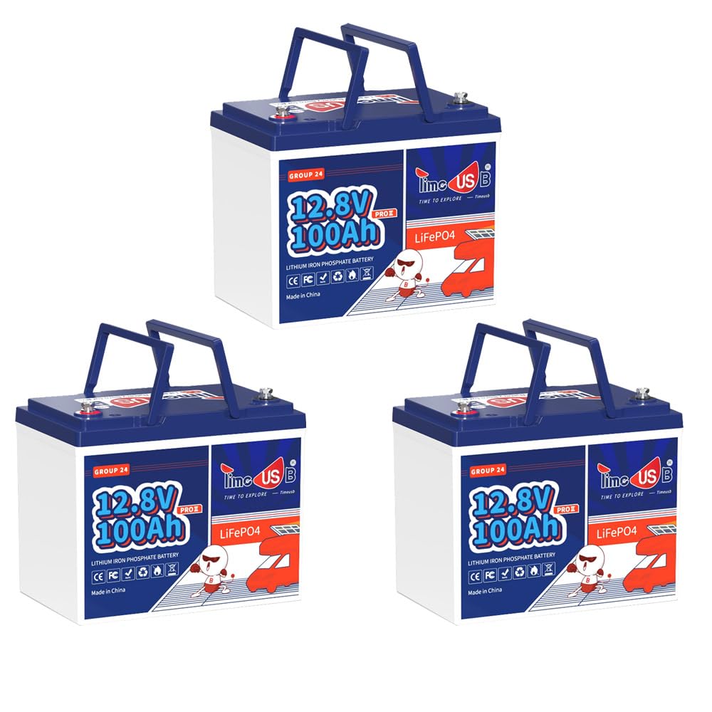 Timeusb 12V 100Ah LiFePO4 Lithium Battery Built-in 100A BMS. Automotive-Grade Cells, Group 24 Deep Cycle Lithium Batteries for RVs, Trolling Motors, Camper, Travel Trailers (3-Pack)