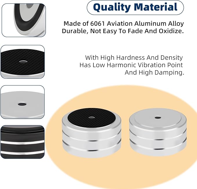 Monosaudio Isolation Feet HiFi Feet 4Pcs 40x20mm Aluminum Universal Turntable Feet with Non-Slip Rubber Rings No Need Adhesive for Audio,Speakers,Subwoofers,Home Theater,Turntable,DAC(Silver Color)