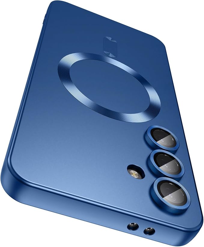 Magnetic for Samsung Galaxy S25 Case [Compatible with MagSafe][Built-in Camera Lens Protector] Slim Soft Silicone Bumper Shockproof Metallic Luster Phone Case (Blue)