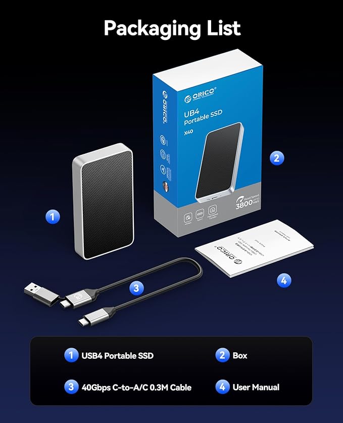 ORICO 4TB USB4.0 External SSD 3800MB/s(40Gbps) - Ultra-Fast Portable NVMe SSD, Compatible with Thunderbolt 3/4, Fanless Aluminum Design for Photographers, Video Editors X40