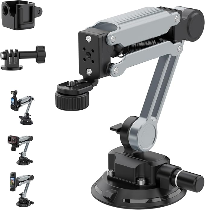 Geyo Camera Suction Cup Mount, Aluminum Alloy Multi-Function Shock Absorber Arm Stabilizer, 4" Vacuum Suction Cup, 1/4" Mounting Holes Car Mount for Insta 360 X4, for DJI Pocket 3, for GoPro, Silver