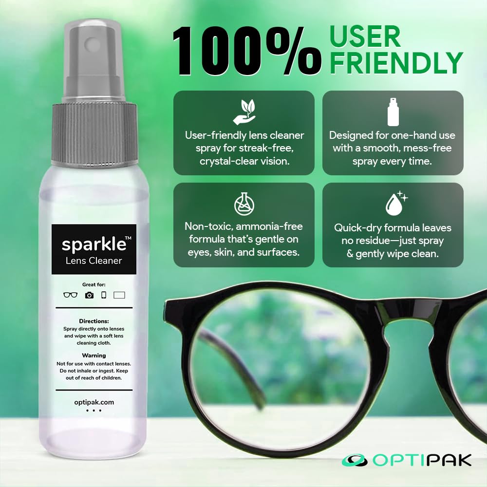 OPTIPAK Sparkle Anti-Reflective Lens Cleaner Spray kit | (1) 2oz Glasses Cleaner Spray + (1) Microfiber Cloth for Eyeglasses, Sunglasses, Lenses, Screens and Camera Cleaning Kit (2 Piece Set)