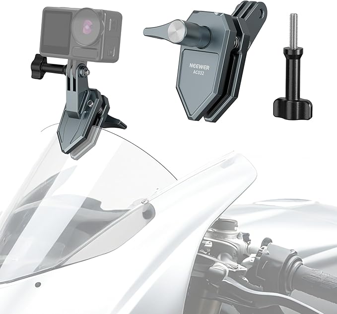 NEEWER Motorcycle Windshield Action Camera Clamp Mount, Aluminum Alloy Clip with 3 Prong Adapter & 1/4" Screw Hole Compatible with GoPro Hero 13 12 DJI Adapters for POV Video Recording, AC032